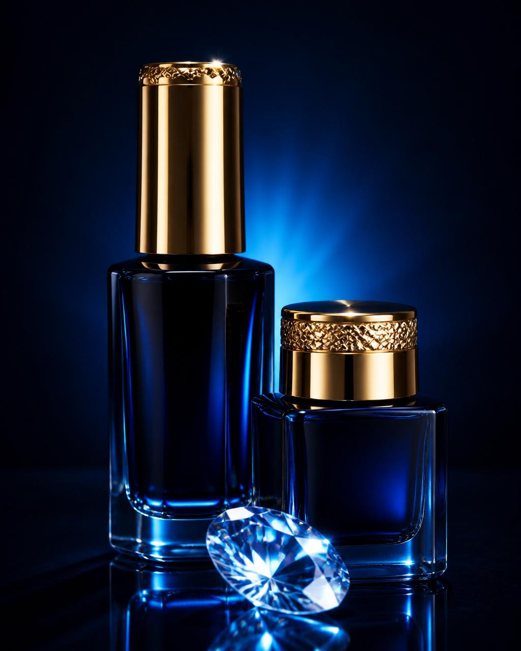 Frascos de produtos Dinardi em vidro azul escuro com tampas douradas e cristal lapidado
